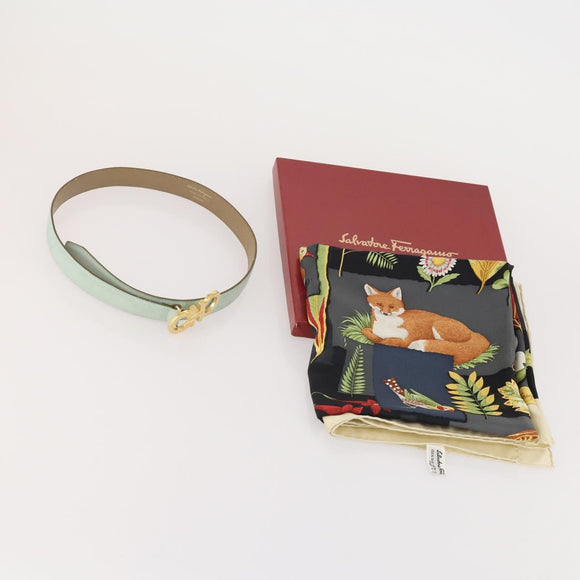 Salvatore Ferragamo Belt Scarf Silk Leather 2 Set Light Blue Beige Auth BA12169