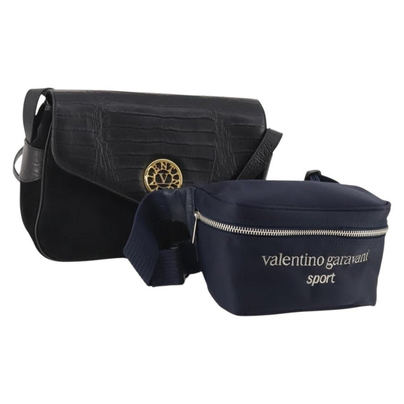 VALENTINO Shoulder Bag Nylon Suede Leather 2 Set Black Navy Auth BA12172
