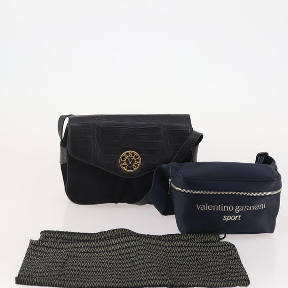 VALENTINO Shoulder Bag Nylon Suede Leather 2 Set Black Navy Auth BA12172