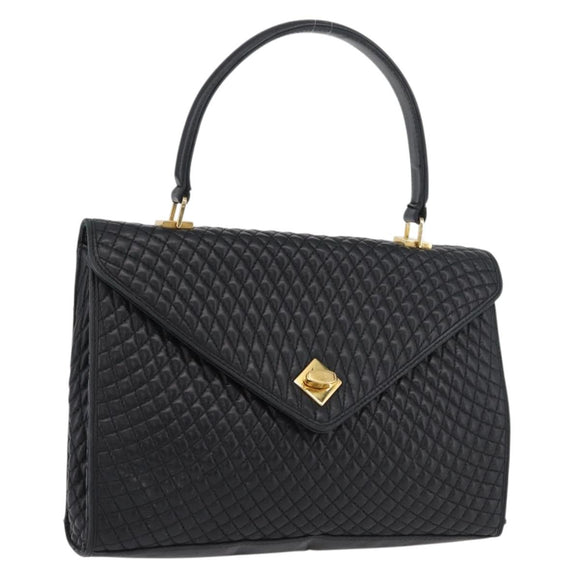BALLY Quilted Hand Bag Leather Black Gold Auth BA12212A