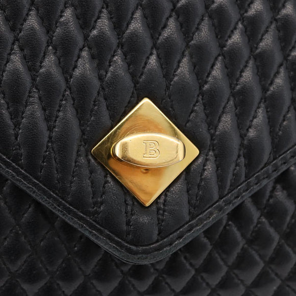BALLY Quilted Hand Bag Leather Black Gold Auth BA12212A