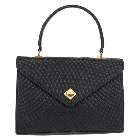 BALLY Quilted Hand Bag Leather Black Gold Auth BA12212A