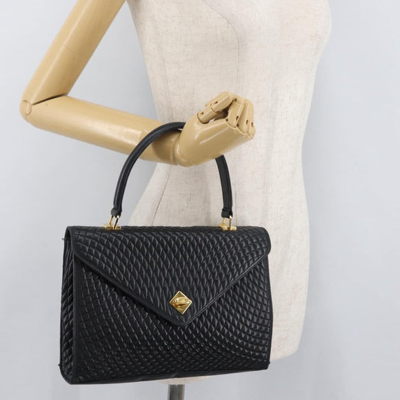 BALLY Quilted Hand Bag Leather Black Gold Auth BA12212A