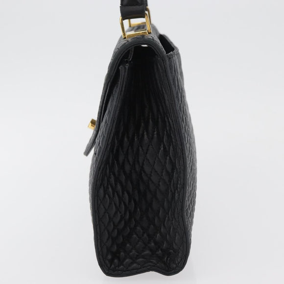 BALLY Quilted Hand Bag Leather Black Gold Auth BA12212A