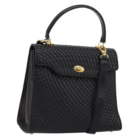 BALLY Quilted Hand Bag Leather 2way Black Gold Auth BA12213A