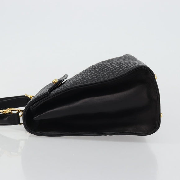 BALLY Quilted Hand Bag Leather 2way Black Gold Auth BA12213A
