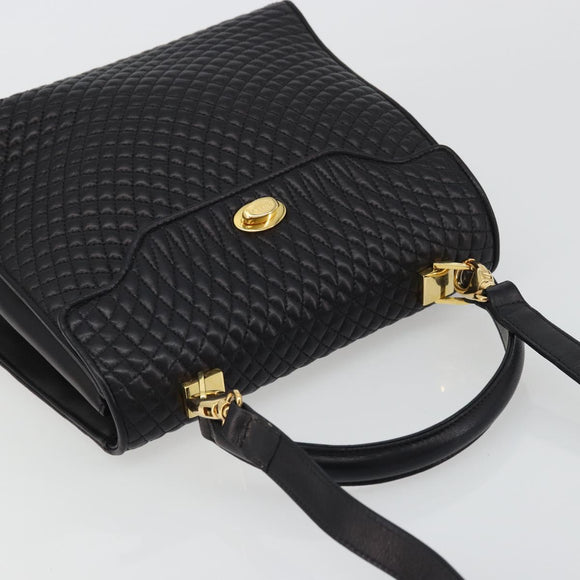 BALLY Quilted Hand Bag Leather 2way Black Gold Auth BA12213A