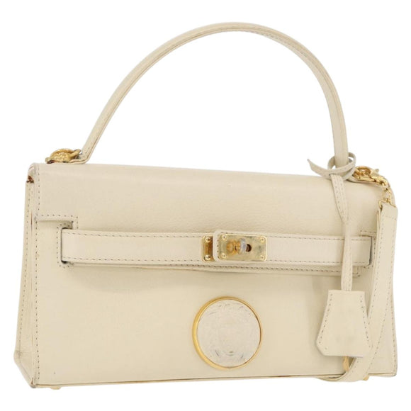 Gianni Versace Hand Bag Leather 2way White Gold Auth BA12237A