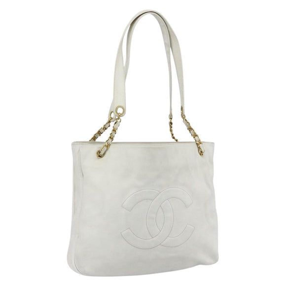 CHANEL Schultertasche Chain Tote Caviar Leder Weiß Gold CC Authentisch BA12243