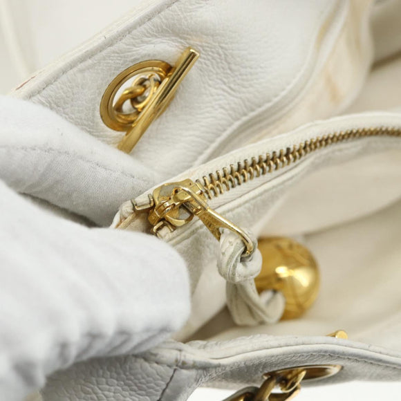 CHANEL Schultertasche Chain Tote Caviar Leder Weiß Gold CC Authentisch BA12243