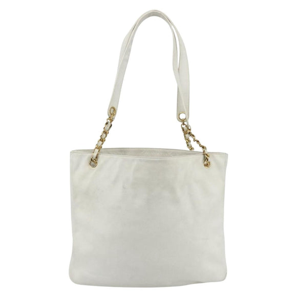 CHANEL Schultertasche Chain Tote Caviar Leder Weiß Gold CC Authentisch BA12243