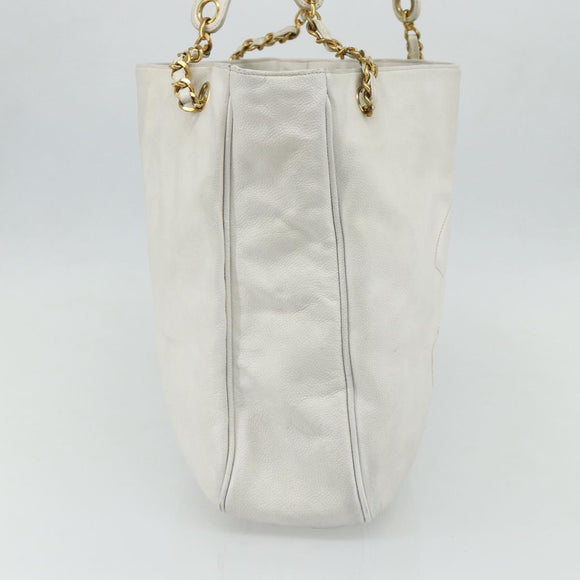 CHANEL Schultertasche Chain Tote Caviar Leder Weiß Gold CC Authentisch BA12243