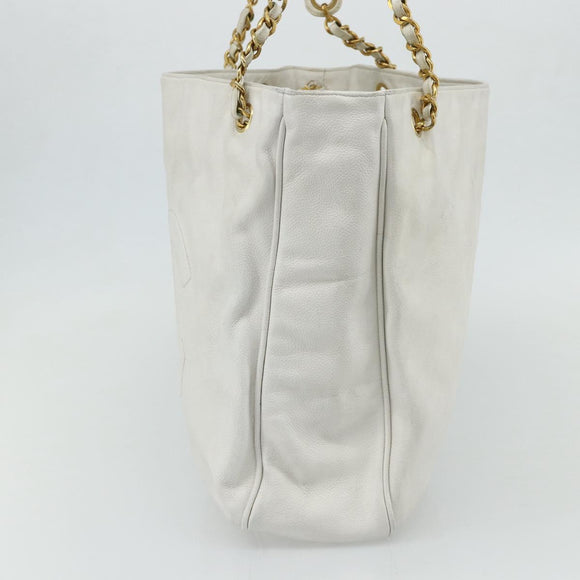 CHANEL Schultertasche Chain Tote Caviar Leder Weiß Gold CC Authentisch BA12243