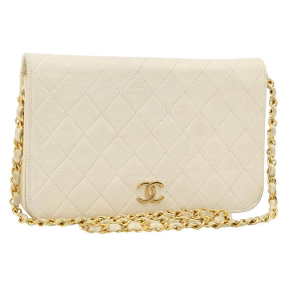 CHANEL Matelasse Chain Schoudertas Lamsleer Wit Goud CC Auth BA12264