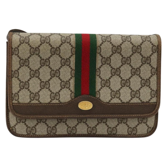 GUCCI GG Supreme Web Sherry Line Shoulder Bag PVC Beige Gold Auth BA12265