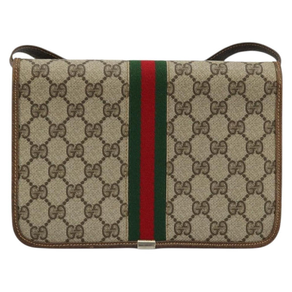GUCCI GG Supreme Web Sherry Line Shoulder Bag PVC Beige Gold Auth BA12265