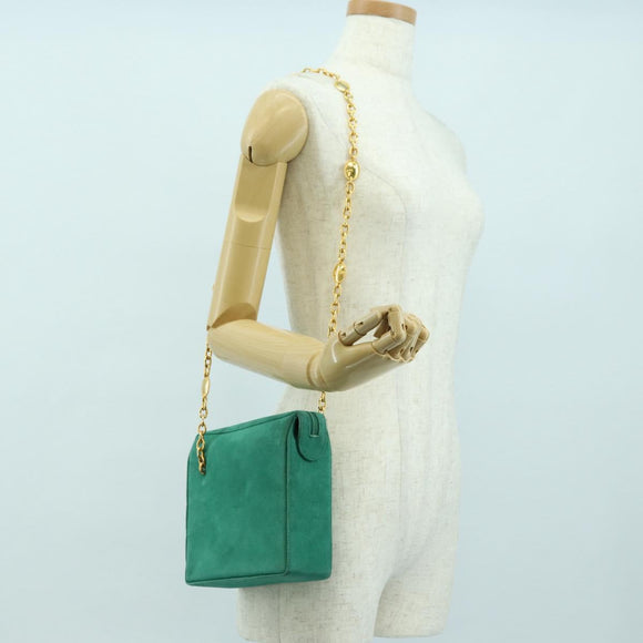 Christian Dior Ketten-Schultertasche Wildleder Grün Gold Auth BA12278V
