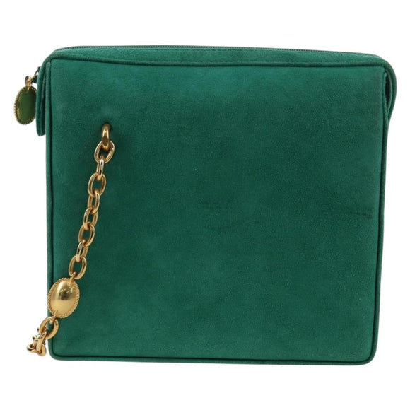 Christian Dior Ketten-Schultertasche Wildleder Grün Gold Auth BA12278V