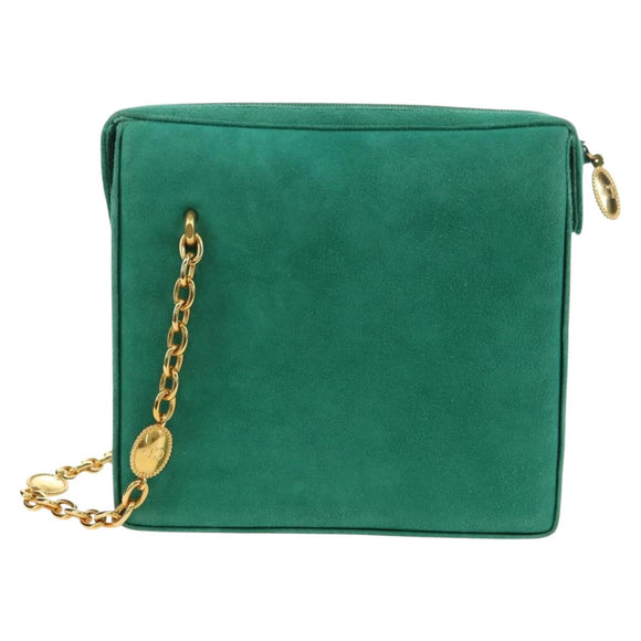 Christian Dior Ketten-Schultertasche Wildleder Grün Gold Auth BA12278V
