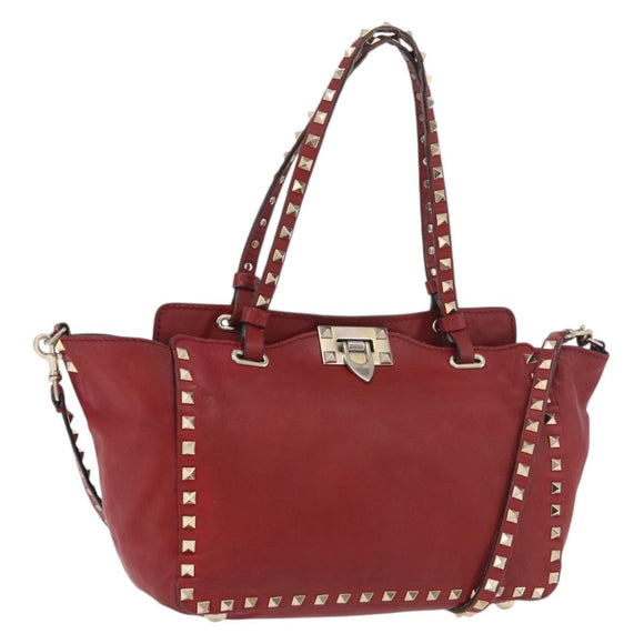 VALENTINO Rock Studs Hand Bag Leather 2way Red Gold Auth BA12287