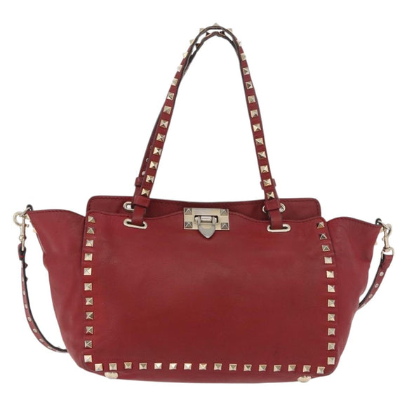 VALENTINO Rock Studs Hand Bag Leather 2way Red Gold Auth BA12287