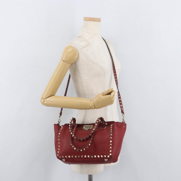 VALENTINO Rock Studs Hand Bag Leather 2way Red Gold Auth BA12287