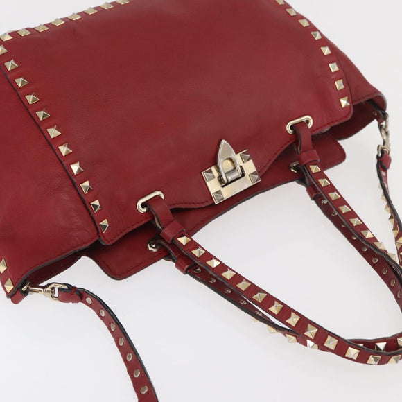 VALENTINO Rock Studs Hand Bag Leather 2way Red Gold Auth BA12287