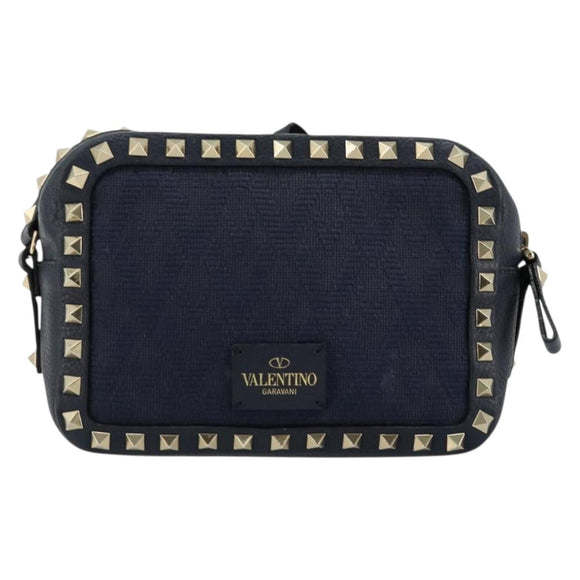 VALENTINO Rock Studs Shoulder Bag Leather Navy Gold Auth BA12296A