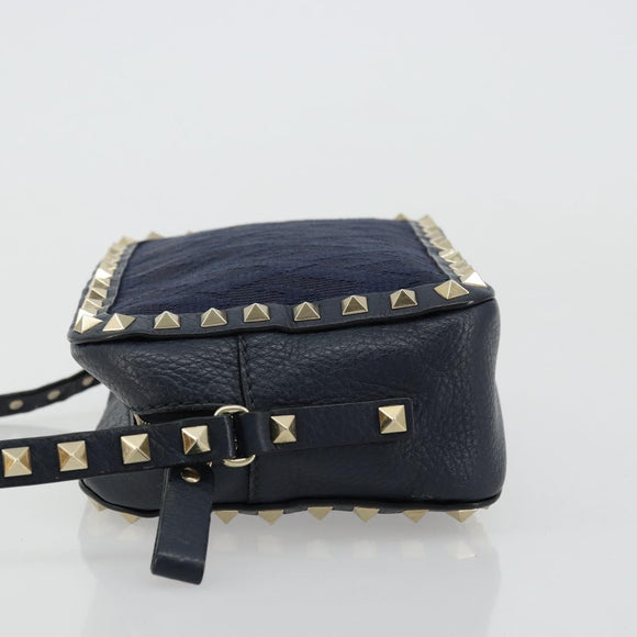 VALENTINO Rock Studs Shoulder Bag Leather Navy Gold Auth BA12296A