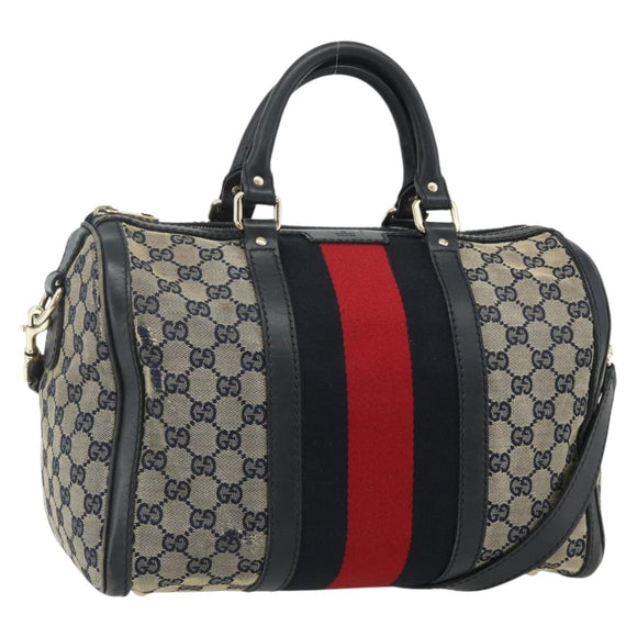 GUCCI GG Canvas Sherry Line Boston Bag 2way Navy Gold 247205 Auth BA12305