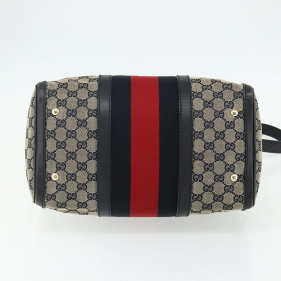 GUCCI GG Canvas Sherry Line Boston Bag 2way Navy Gold 247205 Auth BA12305