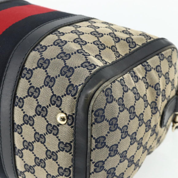 GUCCI GG Canvas Sherry Line Boston Bag 2way Navy Gold 247205 Auth BA12305