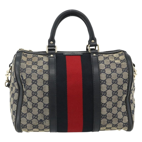 GUCCI GG Canvas Sherry Line Boston Bag 2way Navy Gold 247205 Auth BA12305