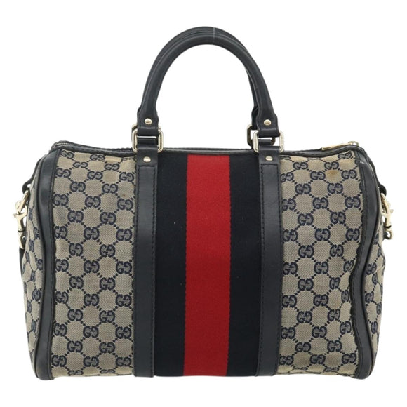 GUCCI GG Canvas Sherry Line Boston Bag 2way Navy Gold 247205 Auth BA12305