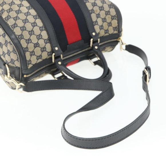 GUCCI GG Canvas Sherry Line Boston Bag 2way Navy Gold 247205 Auth BA12305