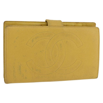 CHANEL COCO Mark Long Wallet Caviar Skin Yellow Gold CC Auth BA12318