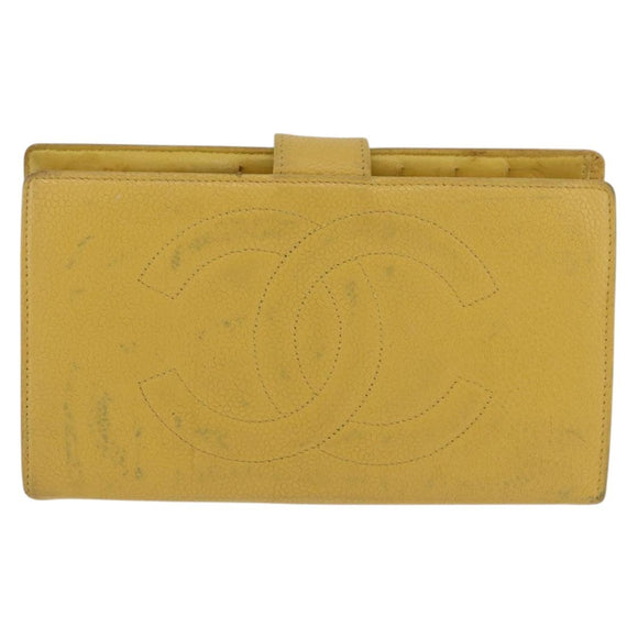 CHANEL COCO Mark Long Wallet Caviar Skin Yellow Gold CC Auth BA12318