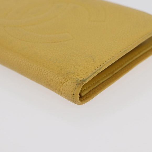 CHANEL COCO Mark Long Wallet Caviar Skin Yellow Gold CC Auth BA12318