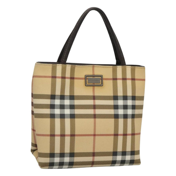 BURBERRY Nova Check Hand Bag PVC Beige Silver Auth BA1232