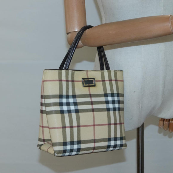 BURBERRY Nova Check Hand Bag PVC Beige Silver Auth BA1232