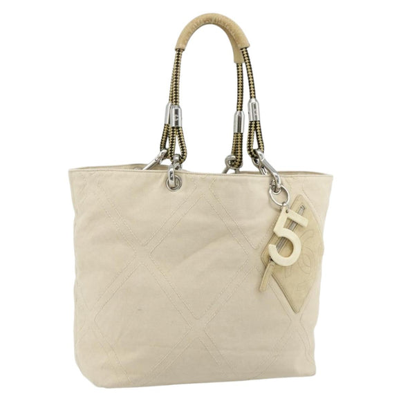 CHANEL Tote Bag Canvas Ivory Silver CC Auth BA12328