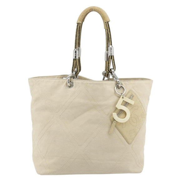CHANEL Tote Bag Canvas Ivory Silver CC Auth BA12328