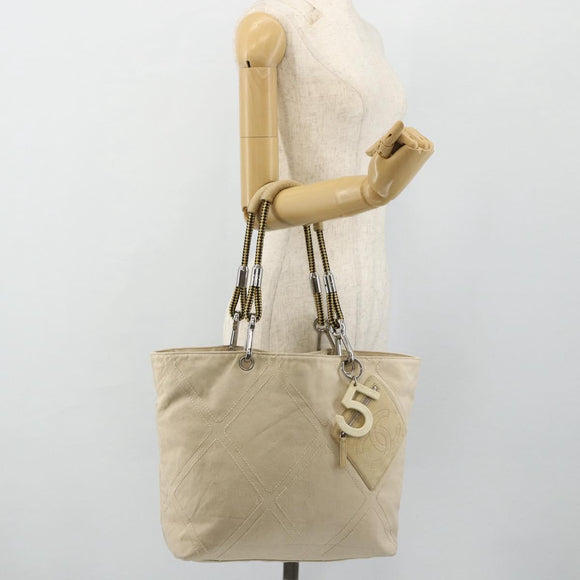 CHANEL Tote Bag Canvas Ivory Silver CC Auth BA12328