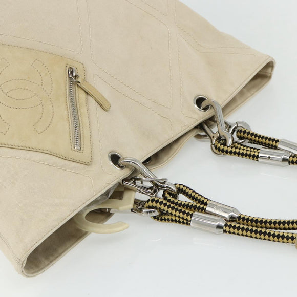 CHANEL Tote Bag Canvas Ivory Silver CC Auth BA12328