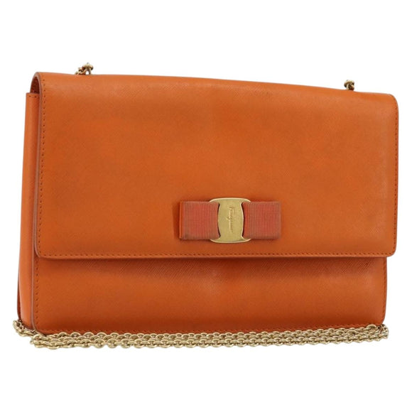 Salvatore Ferragamo Vala Chain Shoulder Bag Leather Orange Gold Auth BA12335