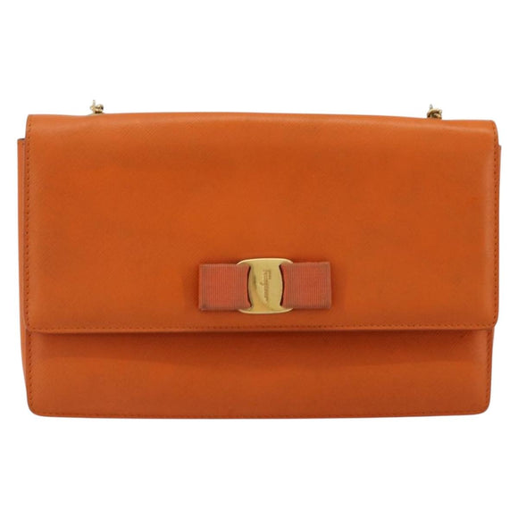 Salvatore Ferragamo Vala Chain Shoulder Bag Leather Orange Gold Auth BA12335