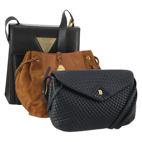 BALLY Shoulder Bag Leather 3 Set Navy Black Brown Auth BA12350