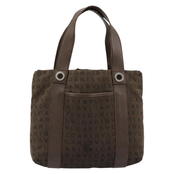 BVLGARI Logo Mania Hand Bag Canvas Brown Silver Auth BA12368