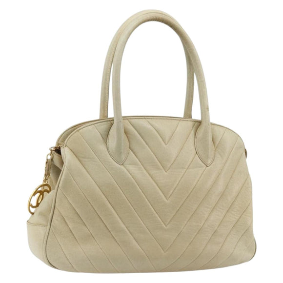 CHANEL V Stitch Hand Bag Leather Beige Gold CC Auth BA12371