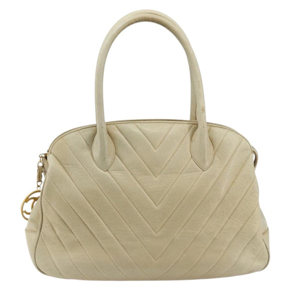 CHANEL V Stitch Hand Bag Leather Beige Gold CC Auth BA12371